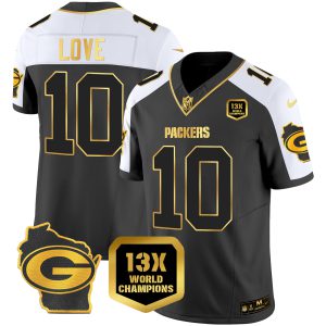 Men's Packers 13 Time World Champions & Home Patch Gold Vapor Jersey – All Stitched