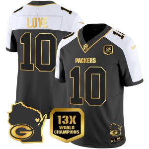 Men's Packers 13 Time World Champions & Home Patch Gold Vapor Jersey V2 – All Stitched