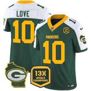 Jordan Love Packers 13 Time World Champions & Home Patch Alternate Jersey - All Stitched