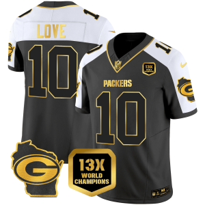Jordan Love Packers 13 Time World Champions & Home Patch Alternate Gold Jersey - All Stitched