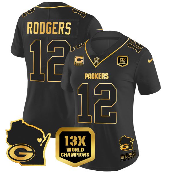 Women's Packers 13 Time World Champions & Home Patch Gold Vapor Jersey V2 – All Stitched - Image 16