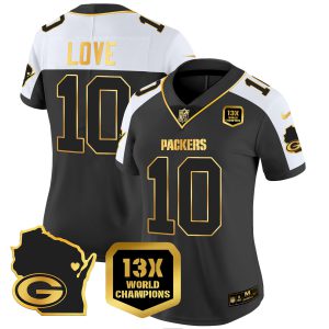 Women's Packers 13 Time World Champions & Home Patch Gold Vapor Jersey V2 – All Stitched