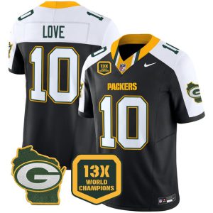 Jordan Love Packers 13 Time World Champions & Home Patch Jersey - All Stitched