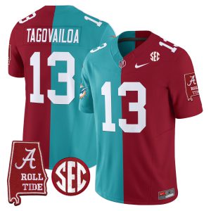 Tua Tagovailoa Alabama Crimson Tide Mix Miami Dolphins Split Jersey - All Stitched