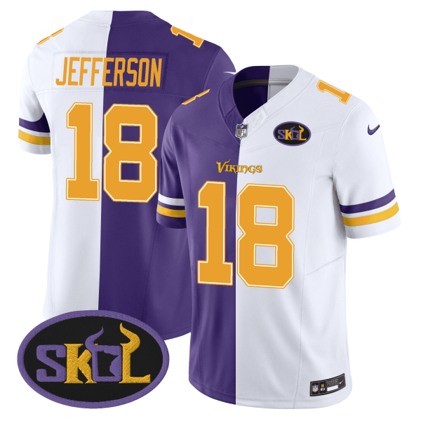 Men's Minnesota Vikings SKOL Patch Purple/ White Split Jersey - All Stitched - Image 2