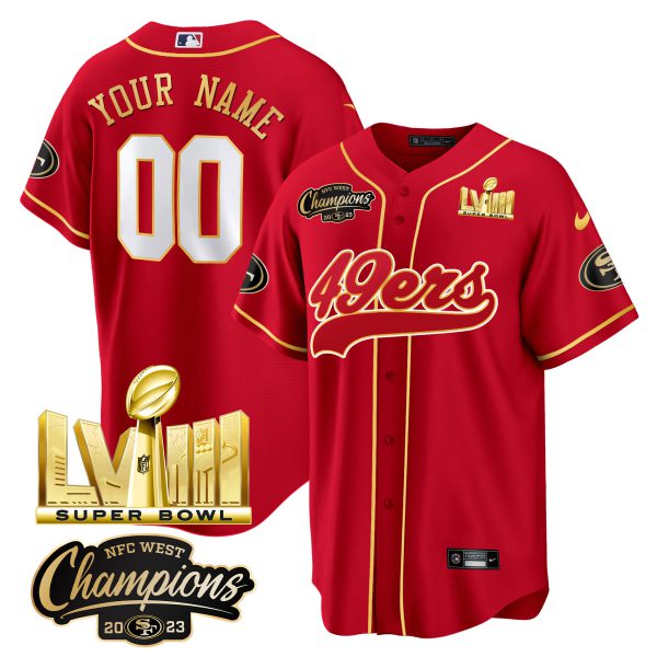 49ers NFC West Champions & Super Bowl LVIII Gold Patch Baseball Custom Jersey - All Stitched - Image 2