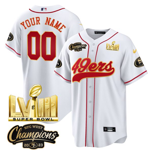 49ers NFC West Champions & Super Bowl LVIII Gold Patch Baseball Custom Jersey - All Stitched - Image 3