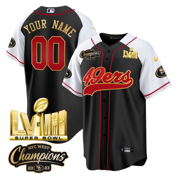 49ers NFC West Champions & Super Bowl LVIII Gold Patch Baseball Custom Jersey - All Stitched - Image 4
