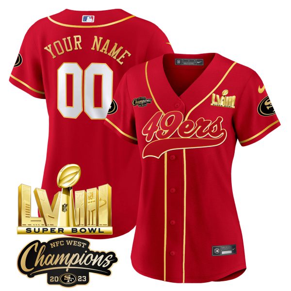 49ers NFC West Champions & Super Bowl LVIII Gold Patch Baseball Custom Jersey - All Stitched - Image 7