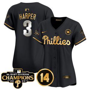 Women's Phillies 2024 NL East Division Champions & Pete Rose Patch Gold Vapor Premier Limited Jersey - All Stitched