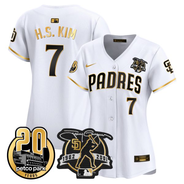 Women's Padres Tony Gwynn & Petco Park 20th Patch Vapor Premier Limited Jersey – All Stitched - Image 11
