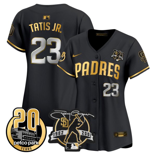 Women's Padres Tony Gwynn & Petco Park 20th Patch Vapor Premier Limited Jersey – All Stitched