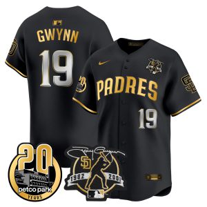 Tony Gwynn San Diego Padres Petco Park 20th Patch Black Gold Jersey - All Stitched