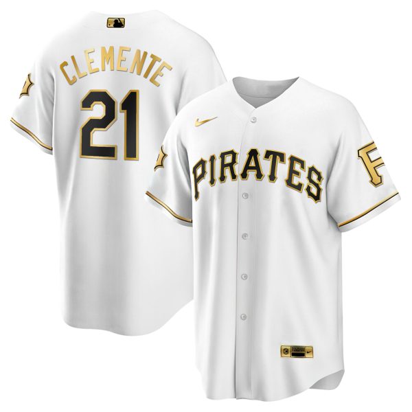 Men's Roberto Clemente Pirates White Gold & Black Gold Jersey - All Stitched - Image 3