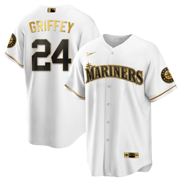 Men's Seattle Mariners White Gold & Black Gold Jersey - All Stitched - Image 7