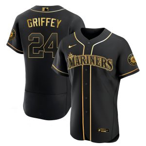 Men's Seattle Mariners White Gold & Black Gold Jersey - All Stitched