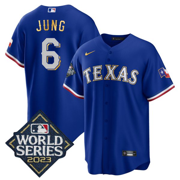Men's Texas Rangers 2023 World Series Cool Base Gold Trim Jersey - All Stitched - Image 6