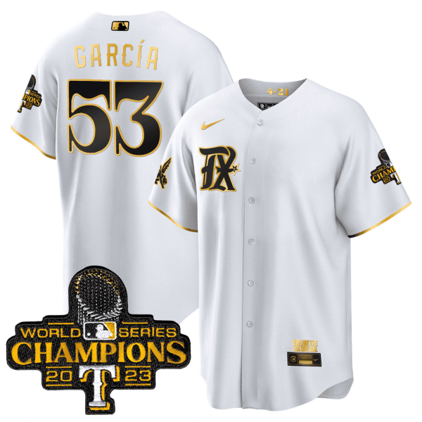 Men's Texas Rangers 2023 World Series Champions City Connect Cool Gold Jersey V2 - All Stitched - Image 8