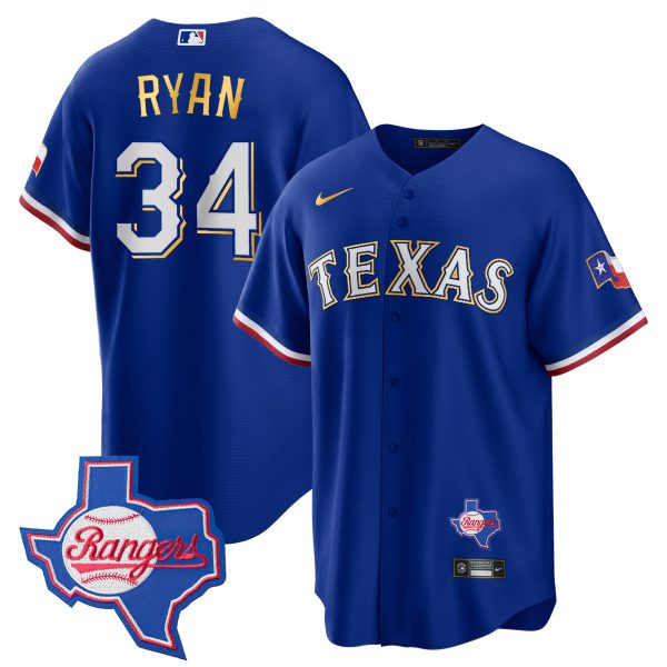Men's Texas Rangers Gold Trim Cool Base Jersey - Texas Patch - All Stitched - Image 9