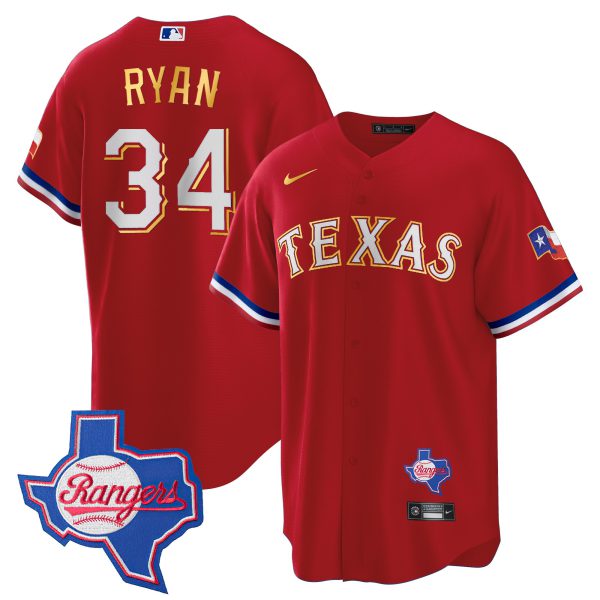 Men's Texas Rangers Gold Trim Cool Base Jersey - Texas Patch - All Stitched - Image 19
