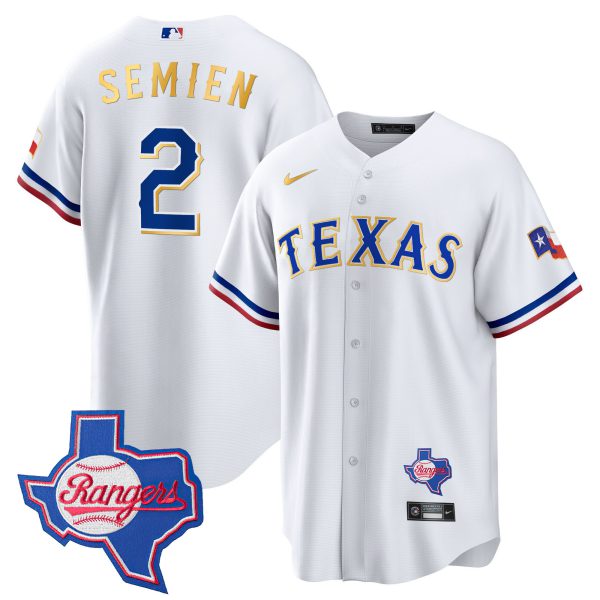 Men's Texas Rangers Gold Trim Cool Base Jersey - Texas Patch - All Stitched - Image 32
