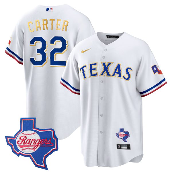 Men's Texas Rangers Gold Trim Cool Base Jersey - Texas Patch - All Stitched - Image 37
