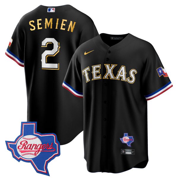 Men's Texas Rangers Gold Trim Cool Base Jersey - Texas Patch - All Stitched - Image 42