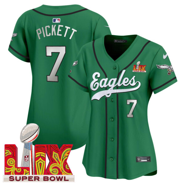 Women's Philadelphia Eagles Super Bowl LIX Patch Kelly Green Vapor Baseball Jersey - All Stitched - Image 2