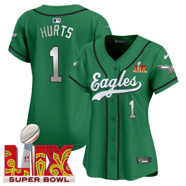 Women's Philadelphia Eagles Super Bowl LIX Patch Kelly Green Vapor Baseball Jersey - All Stitched - Image 3