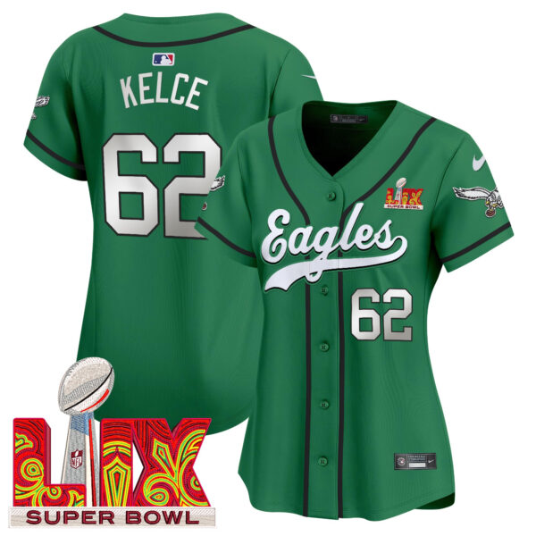 Women's Philadelphia Eagles Super Bowl LIX Patch Kelly Green Vapor Baseball Jersey - All Stitched - Image 4