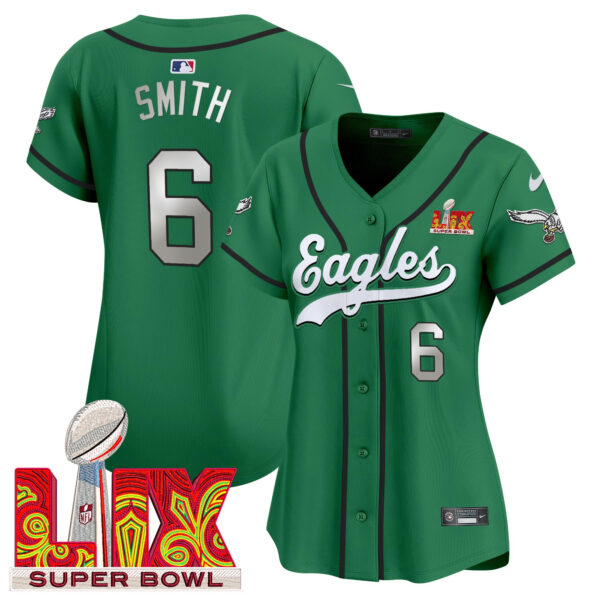 Women's Philadelphia Eagles Super Bowl LIX Patch Kelly Green Vapor Baseball Jersey - All Stitched - Image 5