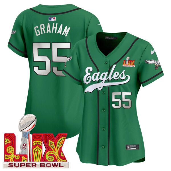 Women's Philadelphia Eagles Super Bowl LIX Patch Kelly Green Vapor Baseball Jersey - All Stitched - Image 7