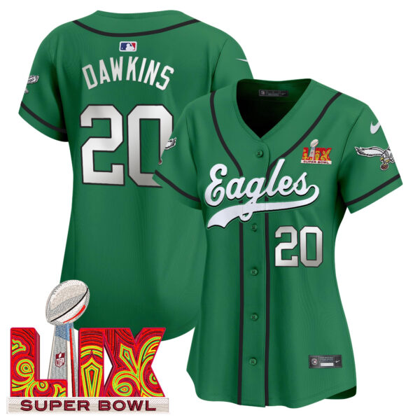 Women's Philadelphia Eagles Super Bowl LIX Patch Kelly Green Vapor Baseball Jersey - All Stitched - Image 8