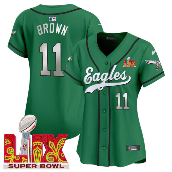 Women's Philadelphia Eagles Super Bowl LIX Patch Kelly Green Vapor Baseball Jersey - All Stitched - Image 9