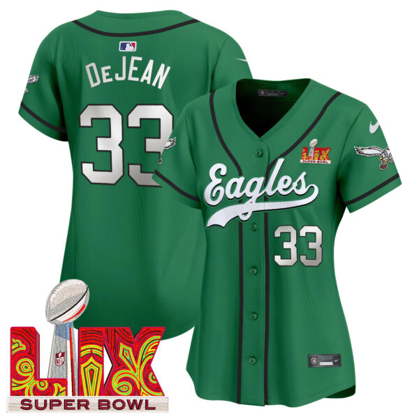 Women's Philadelphia Eagles Super Bowl LIX Patch Kelly Green Vapor Baseball Jersey - All Stitched - Image 10