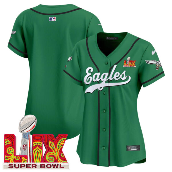 Women's Philadelphia Eagles Super Bowl LIX Patch Kelly Green Vapor Baseball Jersey - All Stitched - Image 11