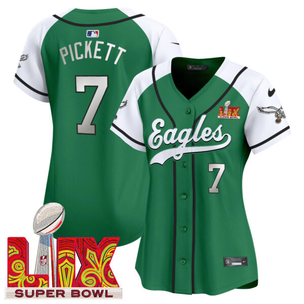 Women's Philadelphia Eagles Super Bowl LIX Patch Kelly Green Vapor Baseball Jersey - All Stitched - Image 35