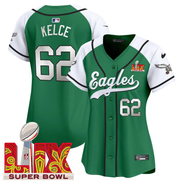 Women's Philadelphia Eagles Super Bowl LIX Patch Kelly Green Vapor Baseball Jersey - All Stitched - Image 37