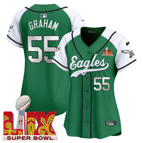 Women's Philadelphia Eagles Super Bowl LIX Patch Kelly Green Vapor Baseball Jersey - All Stitched - Image 40