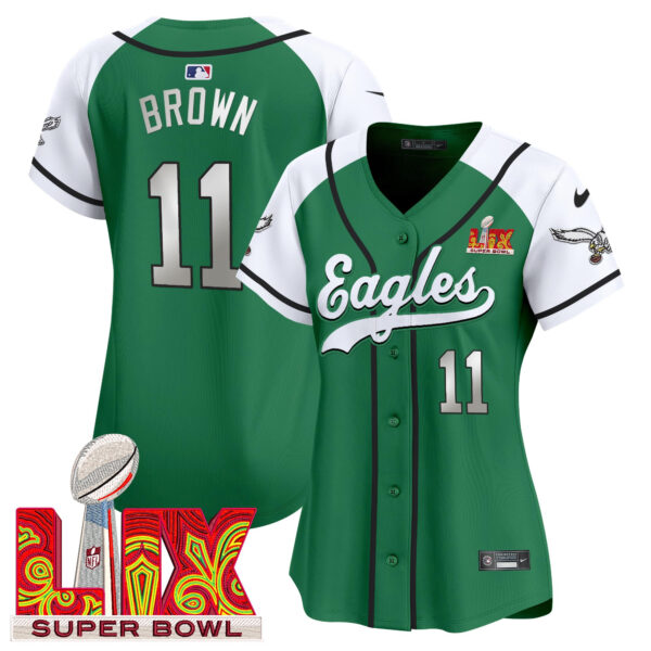 Women's Philadelphia Eagles Super Bowl LIX Patch Kelly Green Vapor Baseball Jersey - All Stitched - Image 42