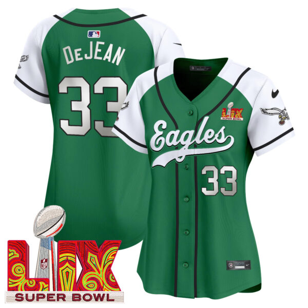 Women's Philadelphia Eagles Super Bowl LIX Patch Kelly Green Vapor Baseball Jersey - All Stitched - Image 43