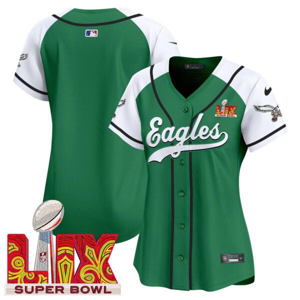 Women's Philadelphia Eagles Super Bowl LIX Patch Kelly Green Vapor Baseball Jersey - All Stitched - Image 44