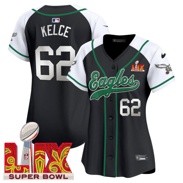 Women's Philadelphia Eagles Super Bowl LIX Patch Kelly Green Vapor Baseball Jersey - All Stitched - Image 48