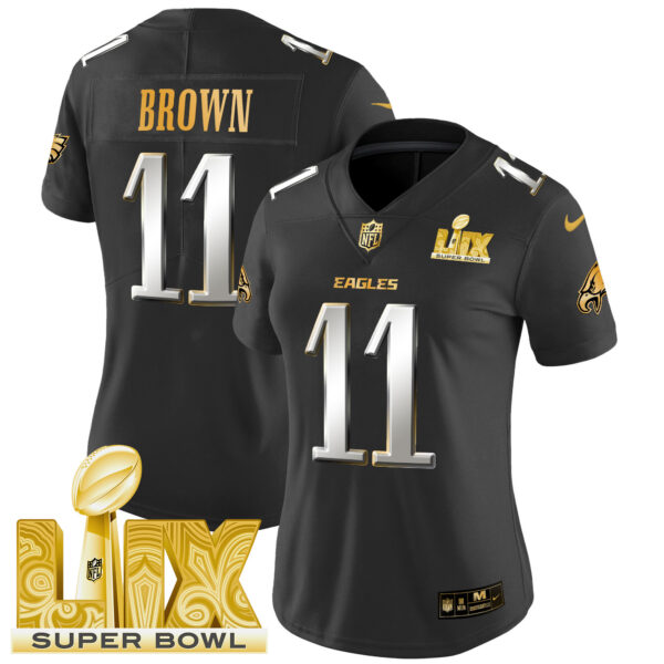 Women's Philadelphia Eagles Super Bowl LIX Patch Gold Vapor Limited Jersey - All Stitched - Image 29