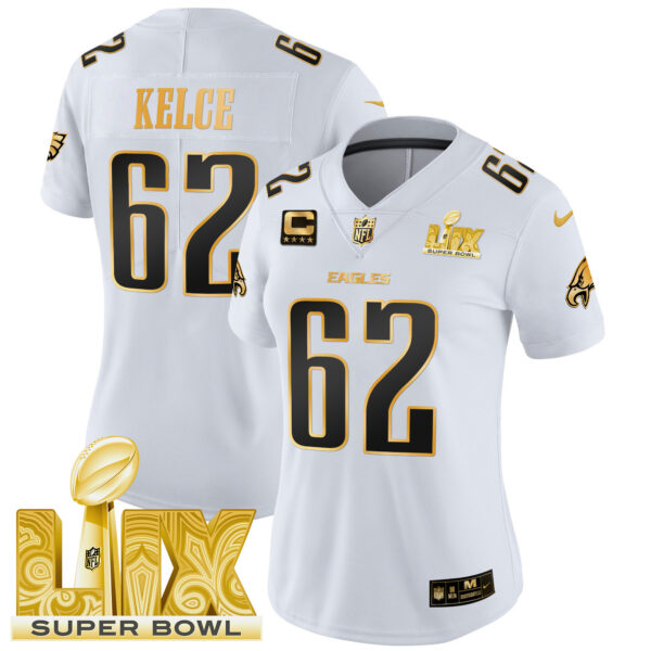 Women's Philadelphia Eagles Super Bowl LIX Patch Gold Vapor Limited Jersey - All Stitched - Image 34