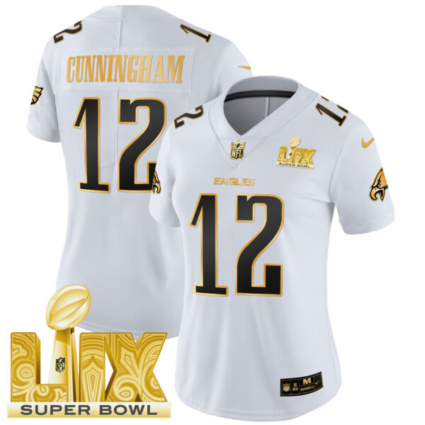 Women's Philadelphia Eagles Super Bowl LIX Patch Gold Vapor Limited Jersey - All Stitched - Image 36